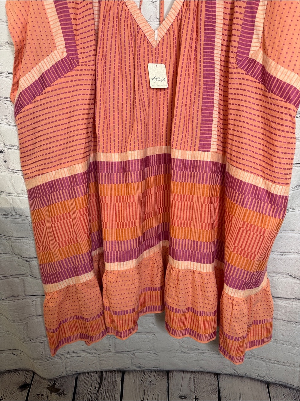 Free People Peach & Pink Striped V-Neck Over Sized Caftan Tunic Dress Size Large - Picture 6 of 12